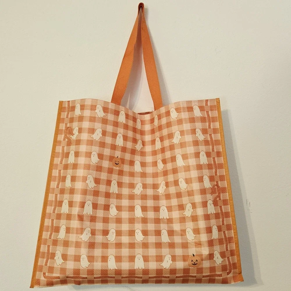 Halloween Ghosts Pumpkins Gingham Orange Ribbon Cream Shopping Bag TJMaxx New